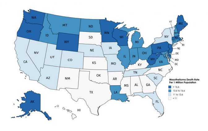美国地图显示州的Mesothelioma死亡率